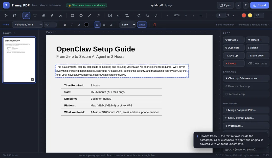 Editing PDF text online in Trump PDF's browser-based PDF editor, with the paragraph reflowing and the font, size and colour matched automatically